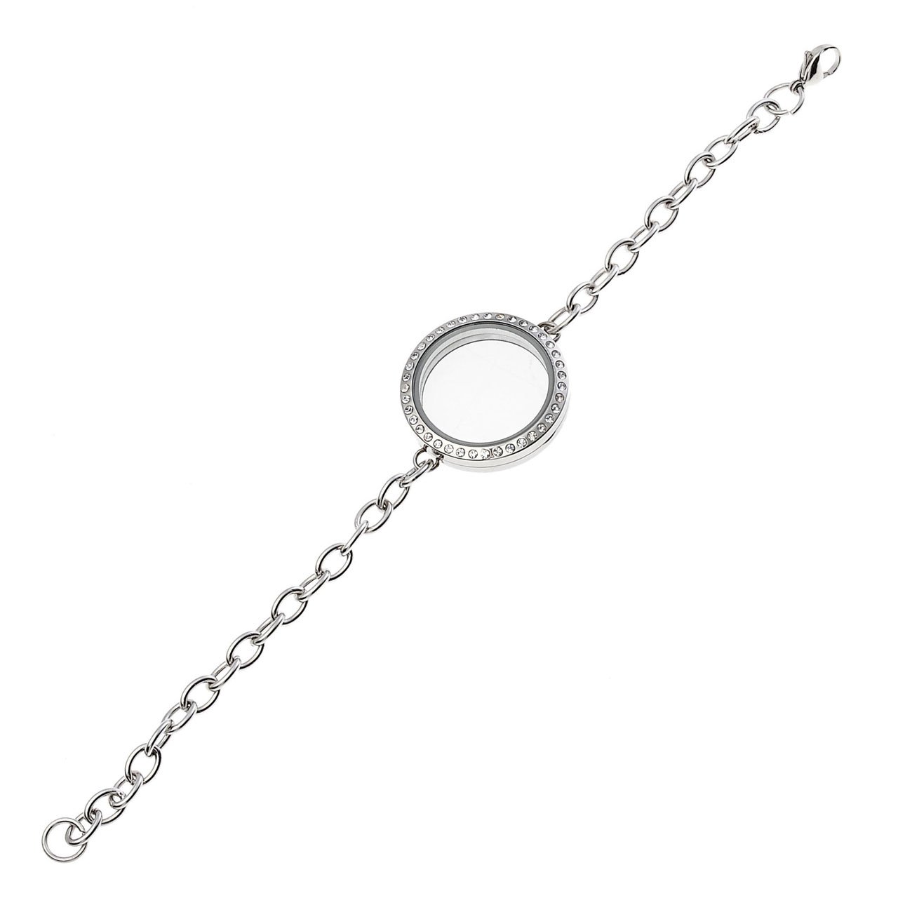 PiercingJ Womens Silver 316L Stainless Steel Crystal Gem Round Locket Pendant Floating Charm Wristband Link Bracelet 8\