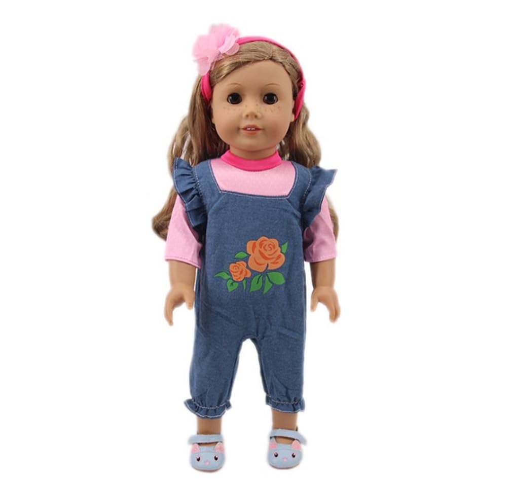 NIXNUT Doll Clothes Outfit Jeans Overalls T-Shirt for American Girl Doll 18-inch