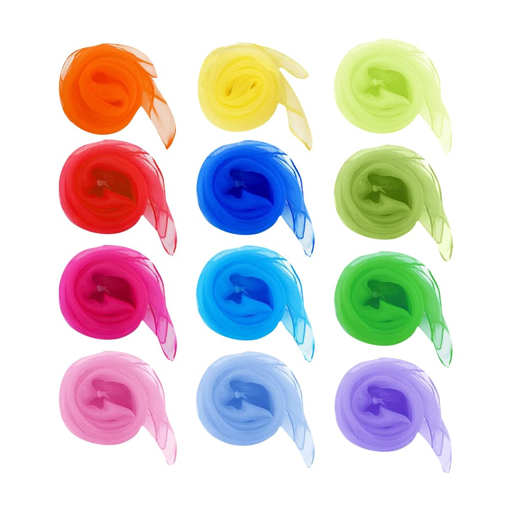 JIHUOO 12 Pcs Large Dance Scarves Long Dancing Scarves Square Head Scarves Trick Scarves Kids Play Scarves Music Scarves