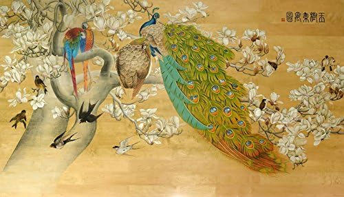 BNQJ-100% Hand Painted Traditional Chinese Painting Animal Beautiful Peacock on Flowers Wall Art 143.3"Wx77.2"Hx0.59"T