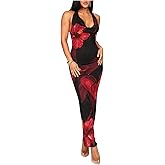 SOLY HUX Women's Floral Halter Maxi Dress Draped Cowl Neck Backless Bodycon Wedding Guest Party Mesh Cocktail Long Dresses