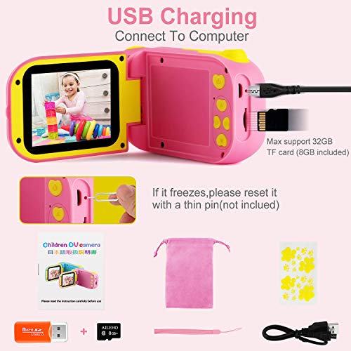 AILEHO Kids Camera for Girls Digital Video Camera for Kids Birthday Children Toys 3 4 5 6 7 8 9 Years Old Toddler Camera 8M 1080P with 8GB Card Game Camera Rechargeable IPS 2.4\