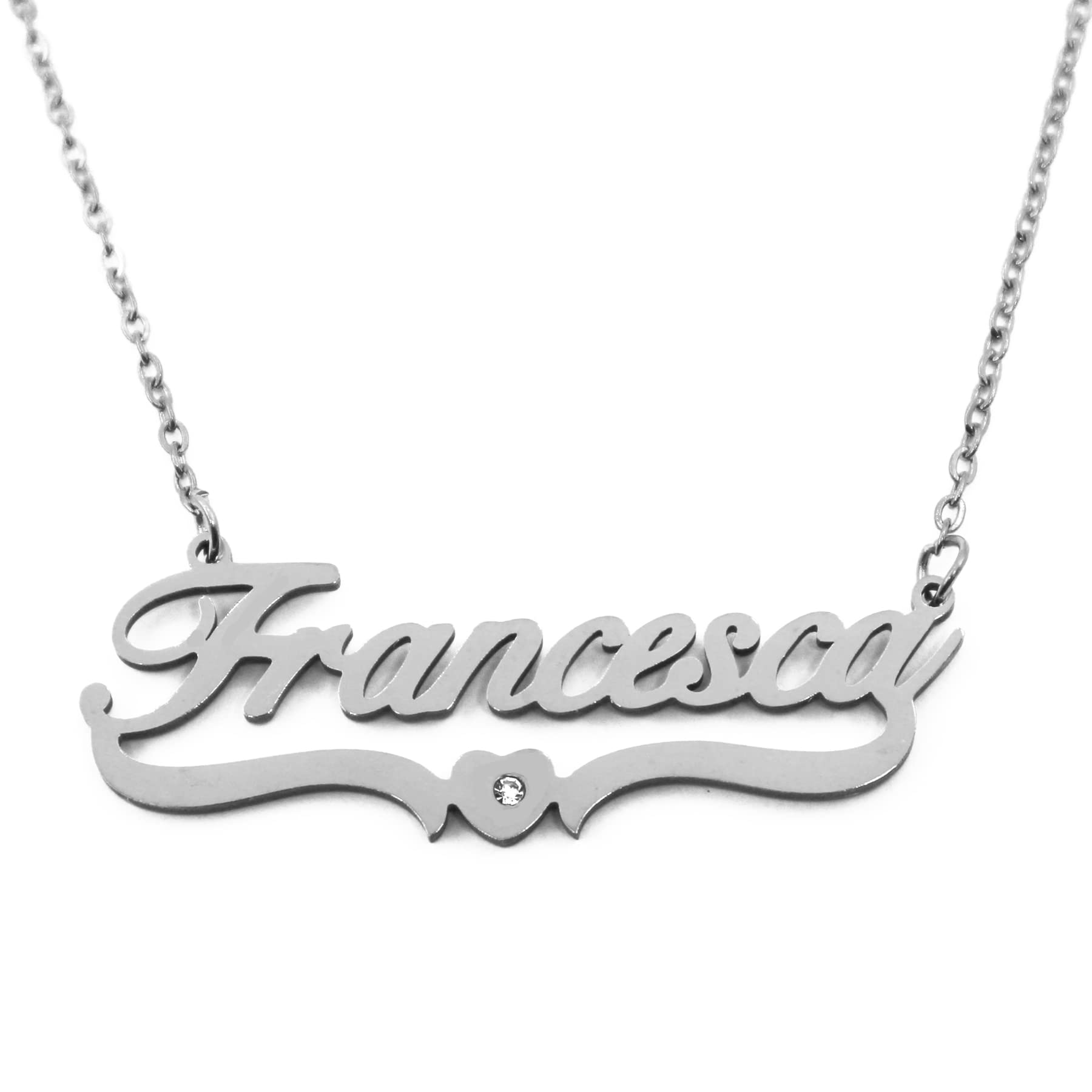 Kigu Francesca Personalised Heart Shaped Name Necklace Silver Tone, Custom Dainty Name Pendants, Jewellery for Ladies, Girlfriend, Mother, Sister, Friends