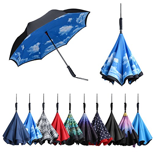 BAGAIL Double Layer Inverted Umbrellas Reverse Folding Umbrella Windproof UV Protection Big Straight Umbrella for Car Rain Outdoor with Straight Handle(Sky) (The Best Umbrella Ever)