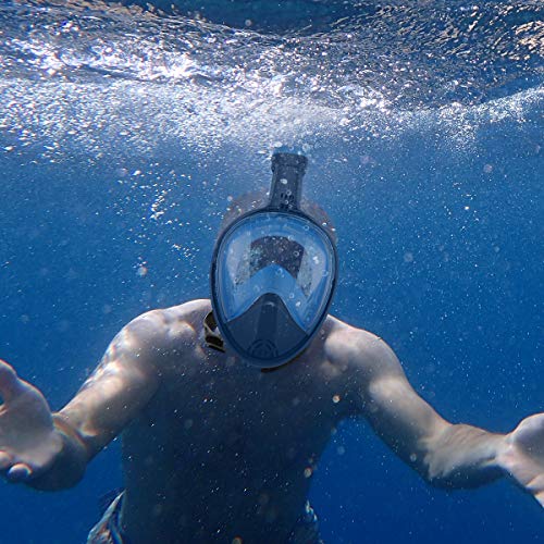 BFULL Snorkel Mask Full Face 180° Panoramic Sea View Anti-Fog Anti-Leak Snorkeling Mask with Action Camera Mount and Soft Adjustable Head Straps for Kids and Adults (Black-Blue, S/M)