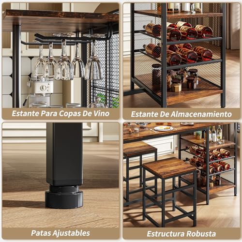 SIMPLE ESPACIO Barra de Cocina,Desayunador Tiene Seis Capas de Espacio de Almacenamiento,Mesa de Bar,Comedor Viene con Dos Sillas,con Estante para Copas Vino,Adecuado para Cocina y Bar(Color Retro)