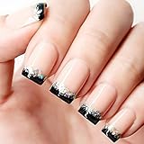 Yean 24Pcs/Set Bridal False Nails Set Full Cover Short Square French Nude Pink and Black Fake Nail Tips with Design Press on Nails with Glue and Adhesive Tab for Women and Girls
