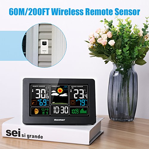 Excelvan Digital Wireless Weather Station with Large LCD Color Display, Barometer for Weather Forecast with Indoor and Outdoor Sensor, Temperature Humidity Monitor, Alarm Clock, Black