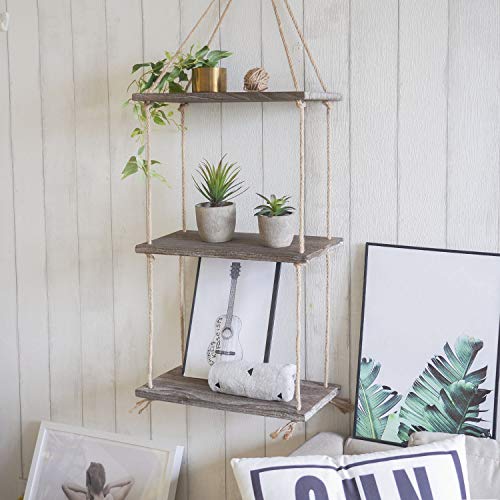 TIMEYARD Decorative Wall Hanging Shelf, 3 Tier Distressed Wood Jute