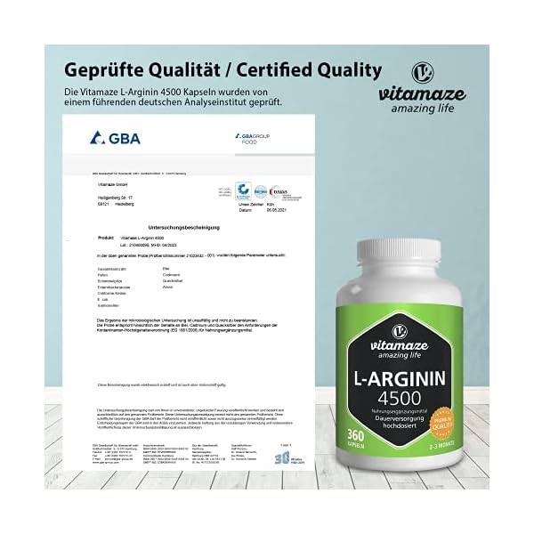 Vitamaze® L-arginina 4500 Mg Ad Alto Dosaggio, 360 Capsule Di Pura L-arginina Hcl Polvere, Qualità Tedesca, Naturale…