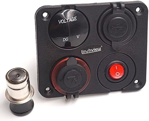 Linchview Dual USB 3.1 A Charger Switch Panel LED Voltmeter 12 V/24 V Socket + On/off Switch 4 Hole Button Switch for Car Boat Marine Trucks Rv ATV Motorcycle Cars GPS Mobile Phone Camera MP3 + USB Charger + Voltmeter + Cigarette Power Adapter Lighter Splitter [Energy Class A+++]