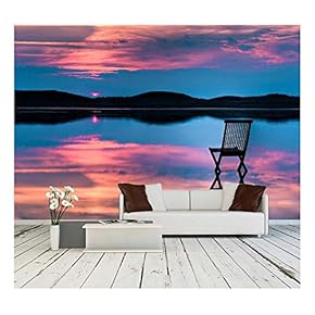Scenic View of Sunset Over Inlet and Hills with a Chair in The Calm Water - Removable Wall Mural | Self-Adhesive Large Wallpaper - 66x96 inches