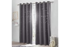 NICETOWN Blackout Curtain with Die-Cut Stars - Starry Night Sleep-Enhancing Cosmic Themed Twinkle Drapes for Baby Nursery, Draft Blocking Draperies (2-Pack, W52 x L84 inches, Gray)