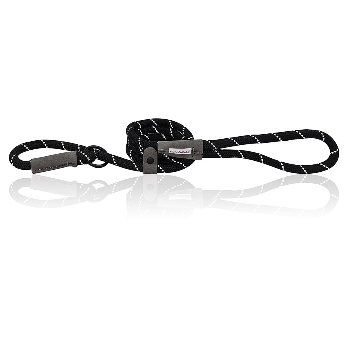 HugglePets Reflective Rope Slip Lead for Dogs - Black (113cm) High Visibility Weather Resistant Training Lead for Dogs with Strong Inner Core and Welded Ring.