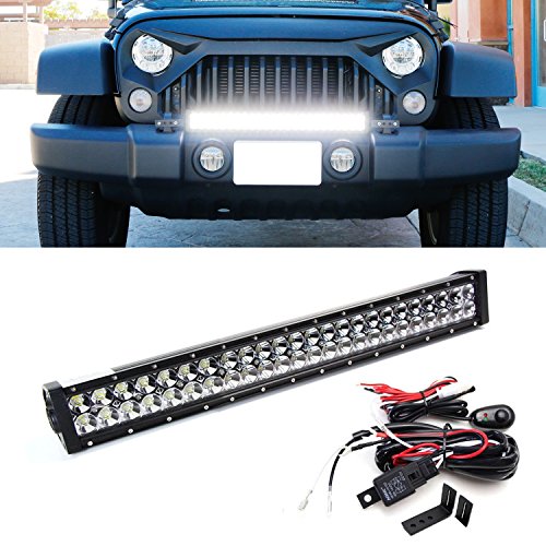 iJDMTOY 25" 144W High Power Double-Row LED Light Bar w/ Tow Hook Mounting Brackets and On/Off Switch Wiring Kit For 2007-2017 Jeep Wrangler JK