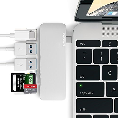 DITONG Type-C USB 3.0 Hub C 5 in 1 Aluminum Multi-Port Adapter with 2 USB 3.0 ports, a SD and Micro SD Card slots and a USB-C Charging port for 12" MacBook Pro 2015/2016, 2017 MacBook Pro (Silver)