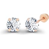Solid 14k Yellow Gold Hypoallergenic AAA Cubic Zirconia Solitaire Screw Back Stud Earrings Secure Screw On Backs, 3mm-7mm