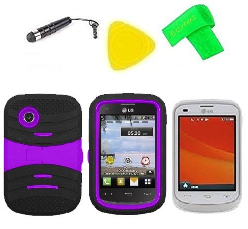 Heavy Duty Hybrid Phone Cover Case Cell Phone Accessory + LCD Screen Protector Guard + Extreme Band + Stylus Pen + Yellow Pry Tool For Tracfone StraightTalk LG 306G LG306G (S-Hybrid Black Purple)