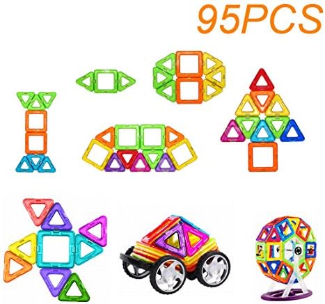 Magnetic Blocks Stack Toys 95 Pieces Set Kids Construction Double Sided Building Blocks Set for Creativity Educational , Includes Wheels &amp; Carrying Case for Building Cars and a Ferris Wheel