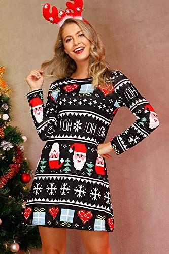 For G and PL Women Christmas Long Sleeve Party Printed Casual Swing Tunic Mini Dress OHOH L