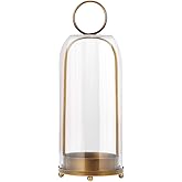 Twakutwaku 16" High Versatile Modern Metal Hurricane Lantern with Handmade Sturdy Glass Dome in Antique Brass for Pillar Candle & Plants, Industrial, Farmhouse, Shabby Chic (Brass, 6.3"x16.5")