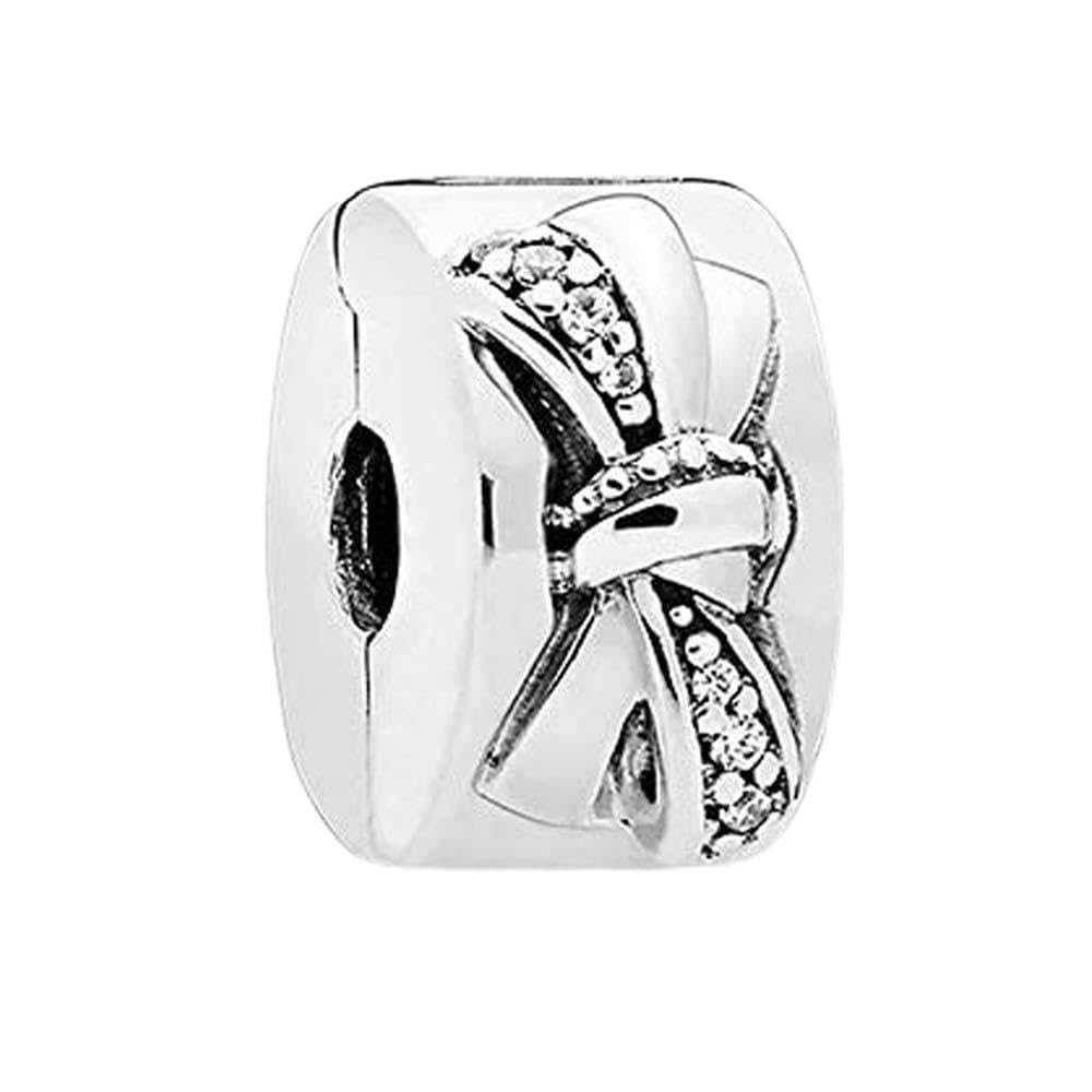 PANDOCCI 2018 Mother Day Gifts Shiny Bow Clip, Clear CZ Bead 925 Silver DIY Fits for Original Pandora Bracelets Charm Fashion Jewelry