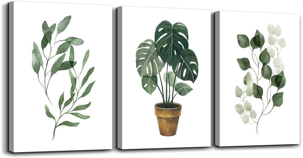 Canvas wall art for bedroom bathroom wall decor modern style Green leaves plants Watercolor painting 12" x 16" 3 Pieces Framed posters Canvas Prints for living room kitchen Home Decoration mural