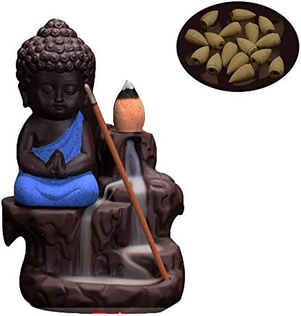 Incense Burner Ceramic Little Monk and Buddha Home Ornaments Backflow Incense Holder (blue 1)