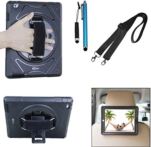 Cellular360 Shockproof Case for Apple iPad 2 iPad 3 iPad 4, Car Headrest Mount Case with 360 Degrees Rotatable Kickstand, Adjustable Handle and Shoulder Strap (Black)