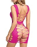Bluetime Sexy Seamless Cut Out Fishnet Mini Dress Chemise Lingerie for women for sex (one size, Rose Red)