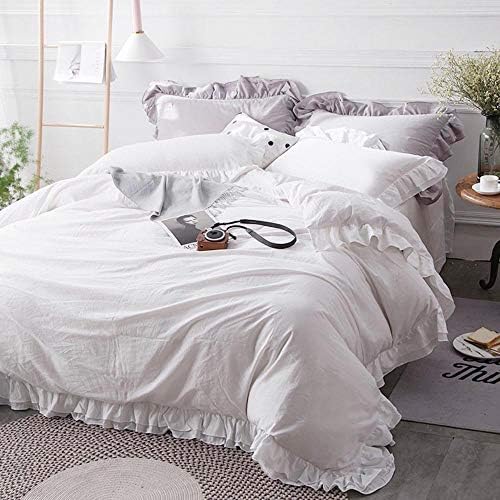 Solid Color Pillowcase 4-Pieces Bed Sheet Set Ruffled Quilt Cover Pleated Sheets Twill Lace Bedspread Cotton Coverlet -Washedwhite-2.0m