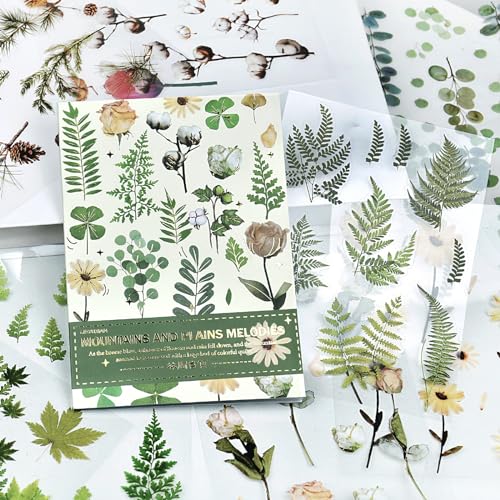 400PCS Plants Floral Scrapbook Stickers Kit Vintage Fern Flowers Green Transparent Waterproof Stickers Book for Scrapbooking Supplies Aesthetic Junk Journal Journaling Craft 20-Page