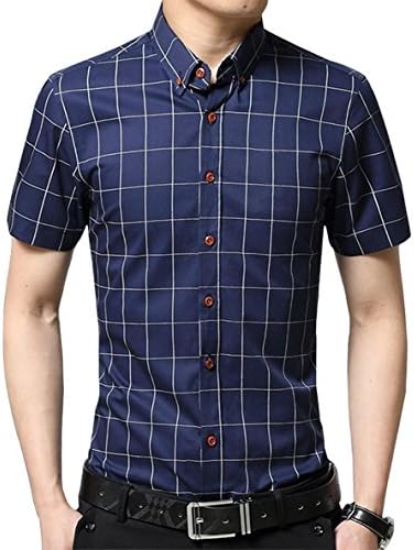 LIZHIGU Men's Cotton Short Sleeve Plaid Button Down Dress Shirt Causal Slim Fit Shirts Drak Blue L(US XXS)252S