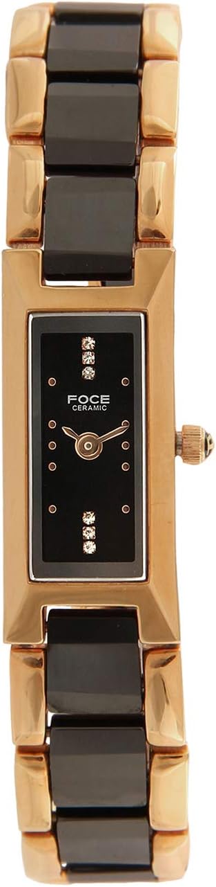 FoceWomen's Premium Rectangular Analog Watch - Ultra Thin Golden Case, Black Dial, Dual Tone Golden & White Ceramic Strap, Model F390LRM BLACK