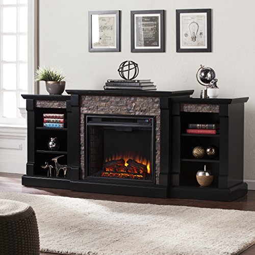 Southern Enterprises Ganyan Faux Stone Electric Fireplace with Bookcase, Black Finish - Thumbnail 2