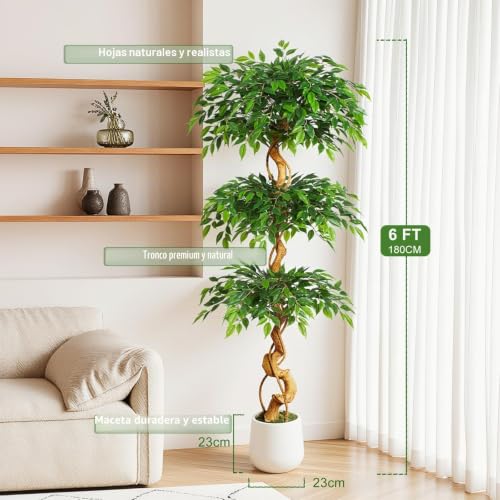Keeplush - Artificial Ficus Plant, 180cm with White Pot, Real Large Artificial Plants with Curved Trunk and 1860 Leaves Artificial Tree for Indoor Living Room Decor