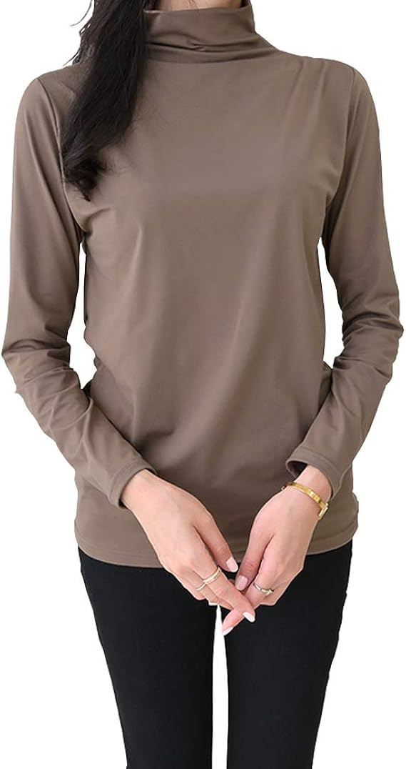 Amazon 秋冬 Tシャツ 伸縮性 ハイネック トップス 薄い裏起毛 暖かい 大人可愛い カットソー 長袖 カジュアル インナー 韓国ファッション Wt56 ブラウン Tシャツ カットソー 通販