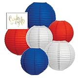 Andaz Press Hanging Paper Lantern Party Decor Trio Kit with Gold Party Sign, Red, White, Blue, 6-Pack, for Nautical Wedding, Superhero, 4th of July, Patriotic, USA Classroom Memorial Day Decorations
