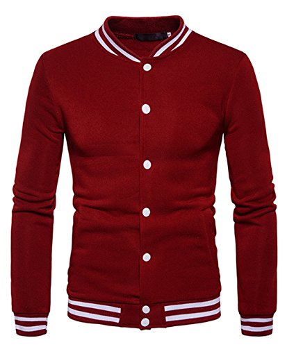 HOP FASHION Mens Casual Long Sleeve Baseball Collar Button Down Varsity Jacket Elastic Hem Lightweight Sport Cotton Coat with Pockets HOPM185-Burgundy-S