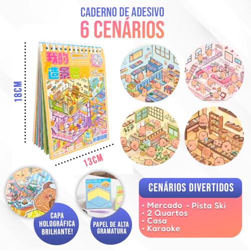 Caderno De Adesivo 3D Capivara Divertida com 6 Cenários DIY e Pinça Para Montar e Decorar 13x18cm Livro Espiral Interativo Para Adulto Criança Brincar Presente infantil Criativo Sticker Book (AMARELO)