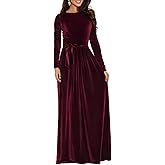 BestGirl Women's Velvet Maxi Dress Crew Neck Long Sleeve High Waist with Belt Cocktail Party Bridesmaid Dresses