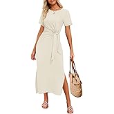 ZESICA Women's Summer Short Sleeve Bodycon Midi Dresses 2026 Casual Crewneck Knit Wrap Tie Waist T Shirt Long Dress
