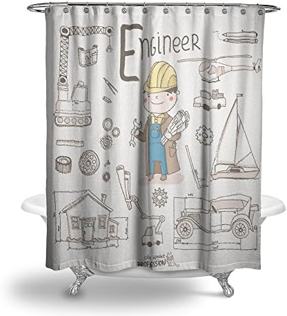 IZZY Child Kid Learning Engineer Washroom Bathroom Water Proof Fabric Shower Curtain 71" x 71"