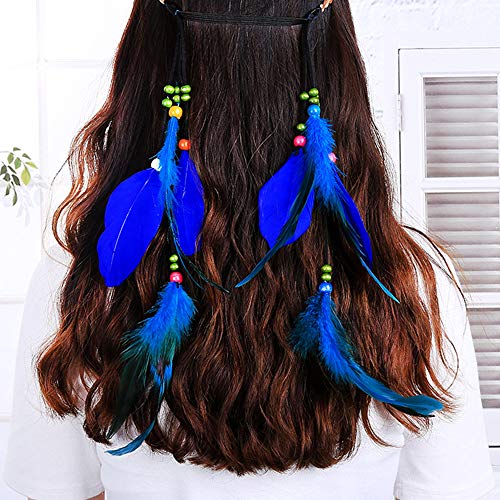 Feather Headband Hippie Indian Boho Hair Bands Tassel Bohemian Halloween Hair Hoop Women Girls Crown Hairband Party Decoration Headdress Cosplay Costume Headwear Headpiece Hair Accessories Blue