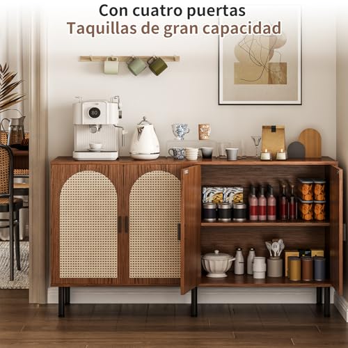 Simple Wisdom Alacenas para Cocina 1.2 M,Bufetera Mueble con 4 Puertas,Credenza Bufetera con 4 Puertas de Ratán Natural,para Cocina, Comedor, Sala de Estar. (Color Nogal)