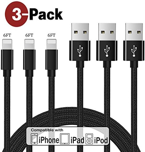 Charger for iPhone,Zeuste Lightning Cable 3Pack 6Ft/2M Charging Cable for iPhone X/iPhone 8/8Plus/iPhone7/7 Plus/iPhone 6s Plus/6s/6 Plus/6/iPad/iPod and More,Lightning USB Cable for iPhone (BLACK)