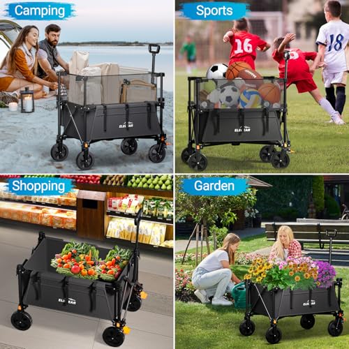 Elegear Beach Cart with Brakes 200L, Folding Garden Cart with Adjustable Handle and Cup Holder, Foldable Transport Cart for Camping Shopping Sports, Black