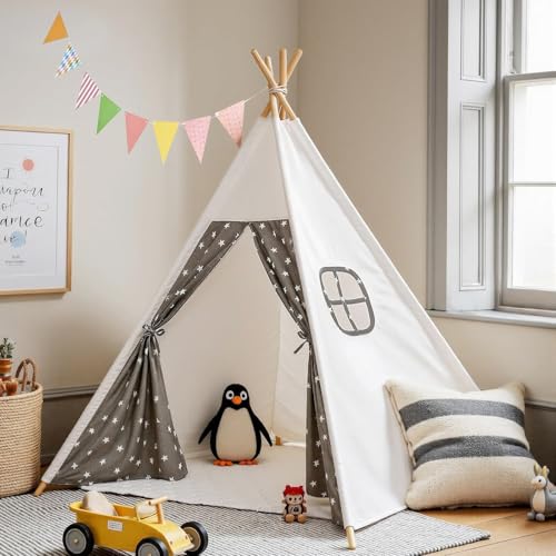 Kids Teepee Tents Indoor: Toddler Tipi Play Tents Cotton Large with Padded Mat Colourful Flags and Storage Bag Foldable Off-White Playhouse Toys House for Grils Boys Birthday Gift