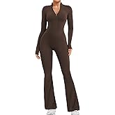 YEOREO Women Long Sleeve Flare Workout Jumpsuit Zip Up Romper Bottom Pants Wide Leg Bodysuit Bodycon Sexy One Piece