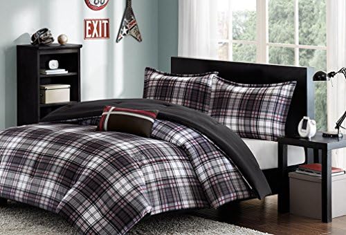 Black, Red &amp; White Plaid Boys Full / Queen Comforter, Shams &amp; Toss Pillow (4 Piece Bedding) + HOMEMADE WAX MELT